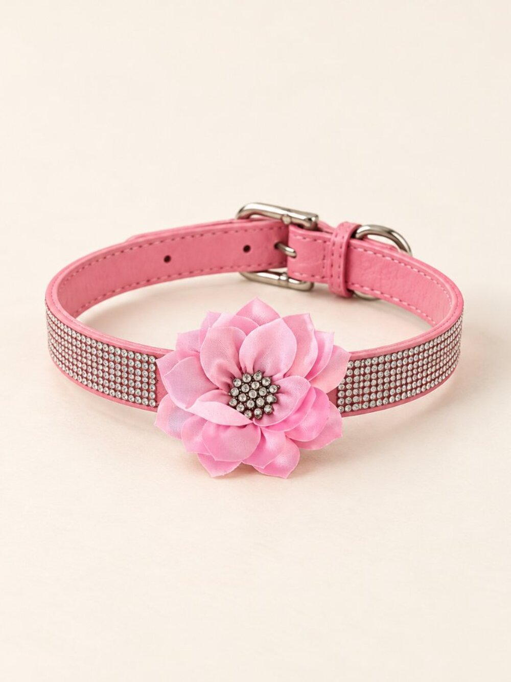 Pink Rhinestone Dog Collar Flower Accent Adjustable Silver Tone Buckle